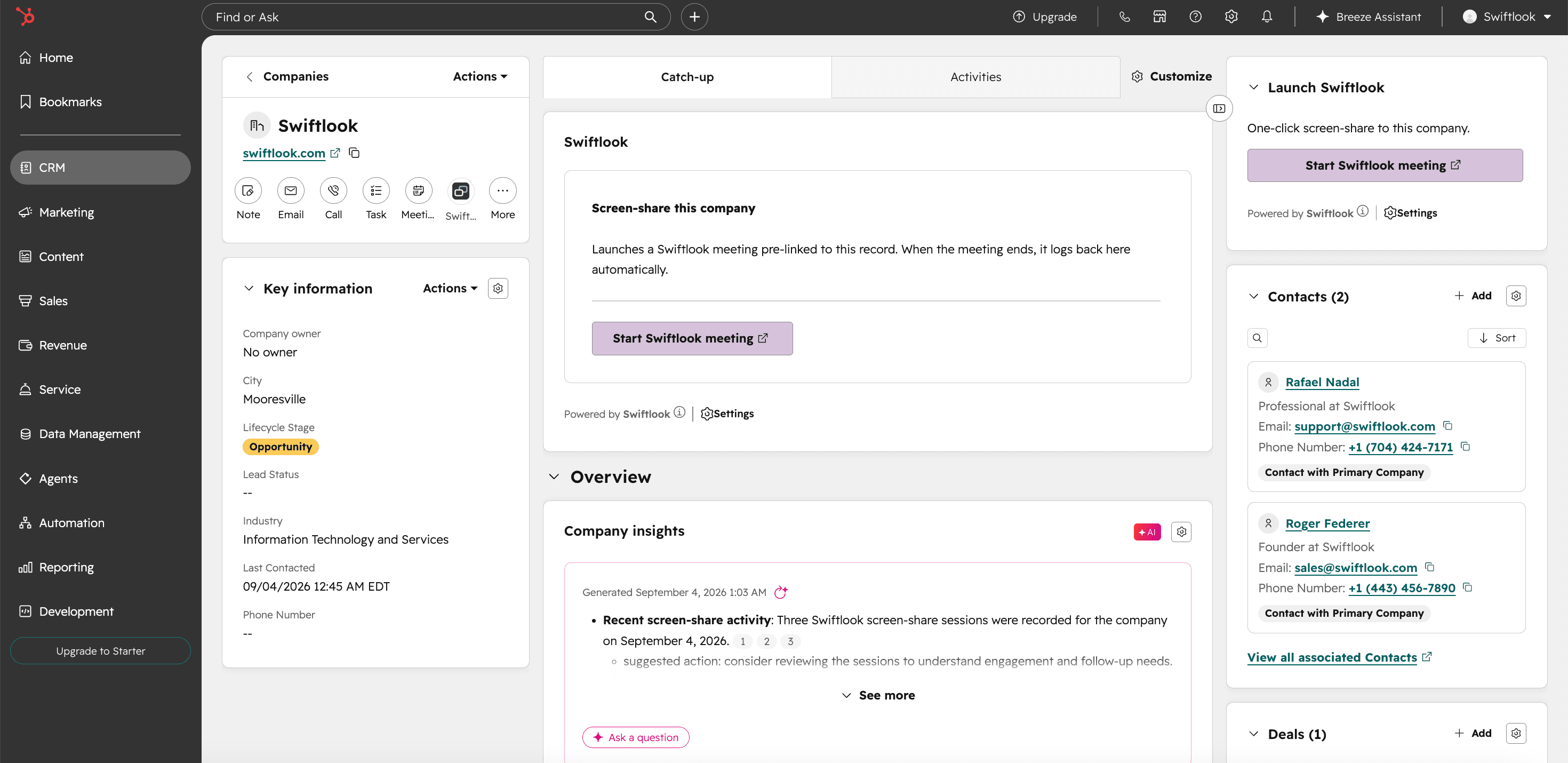 Swiftlook rendered as a sidebar card, action-row button, and center-tab card on a HubSpot record page