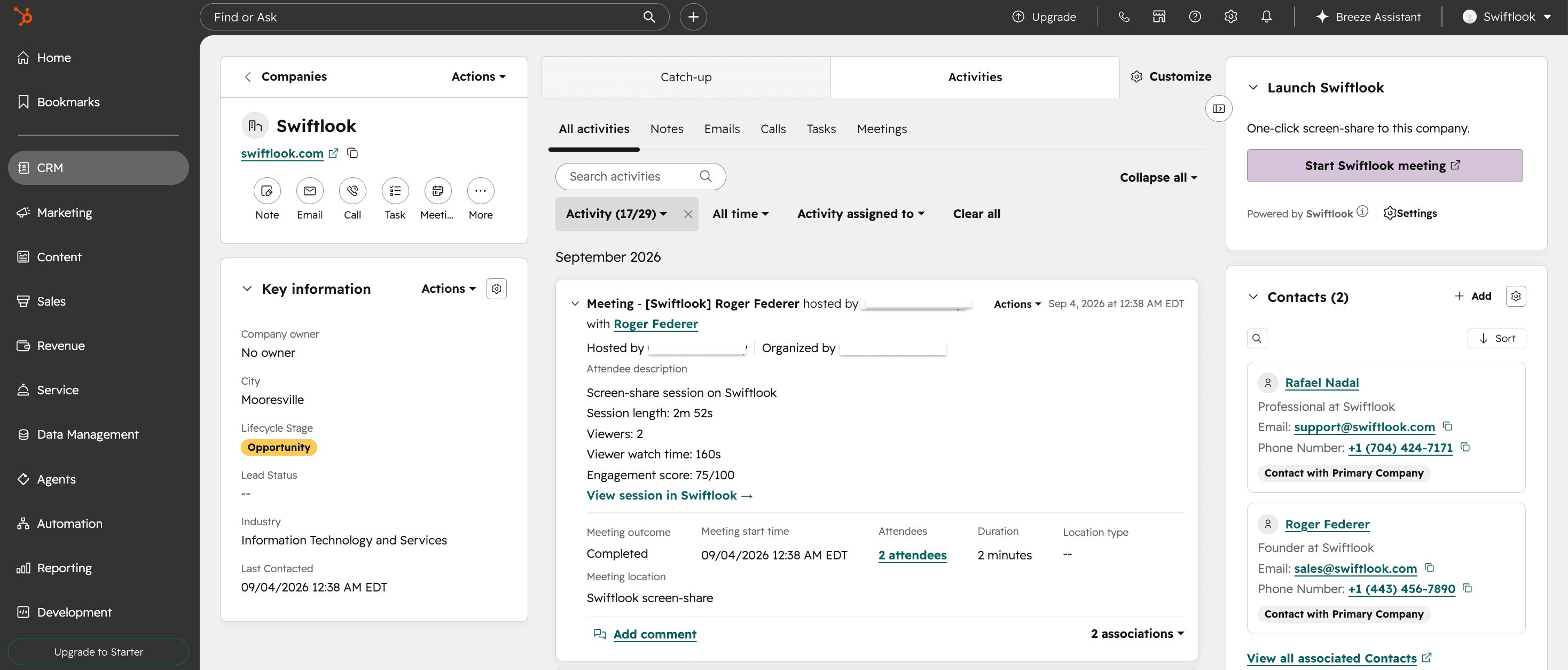 Logged Meeting engagement on a HubSpot Company timeline with session length, viewer count, watch time, engagement score, and location