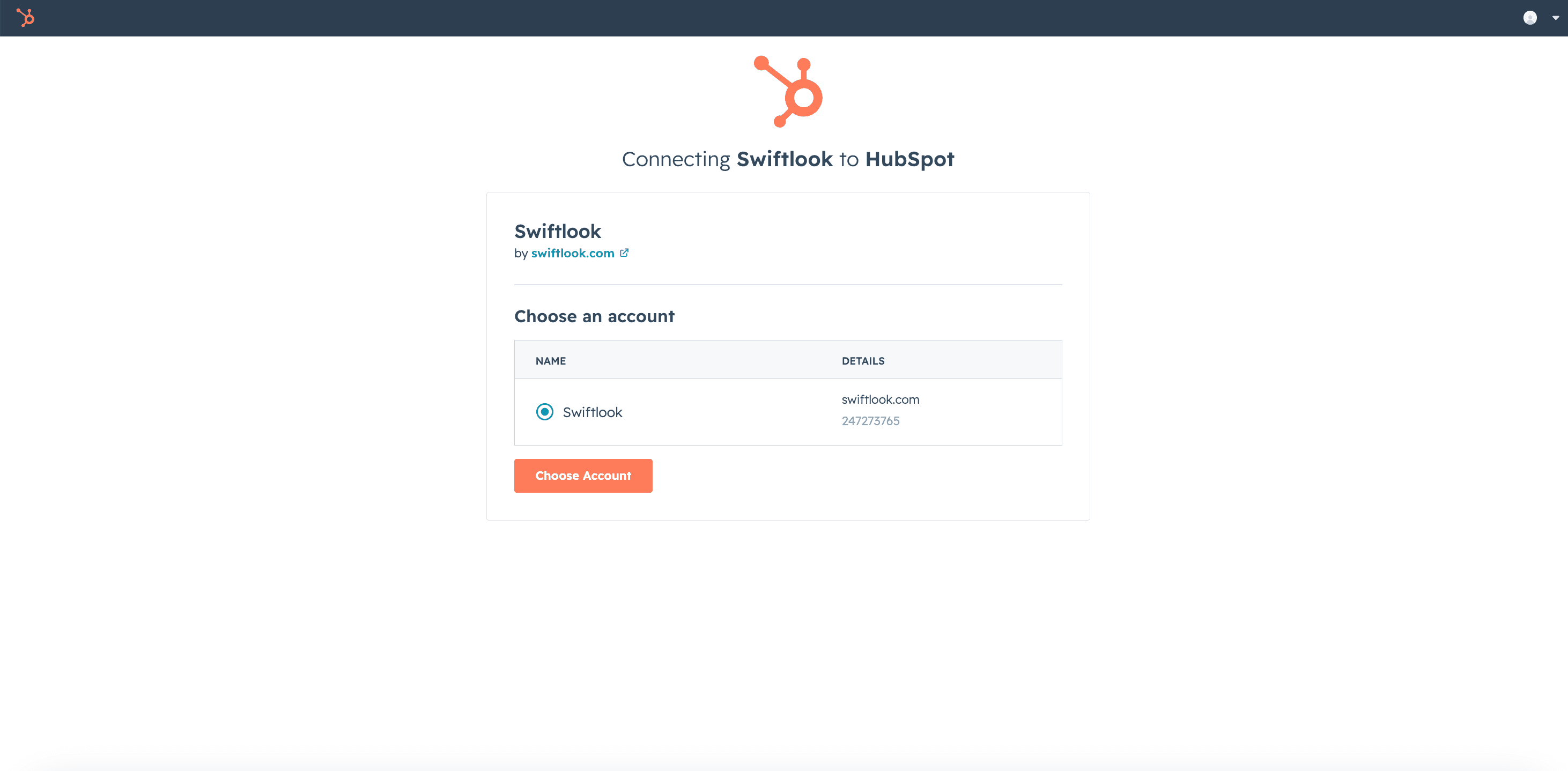 HubSpot Choose Account screen with the customer's portal listed