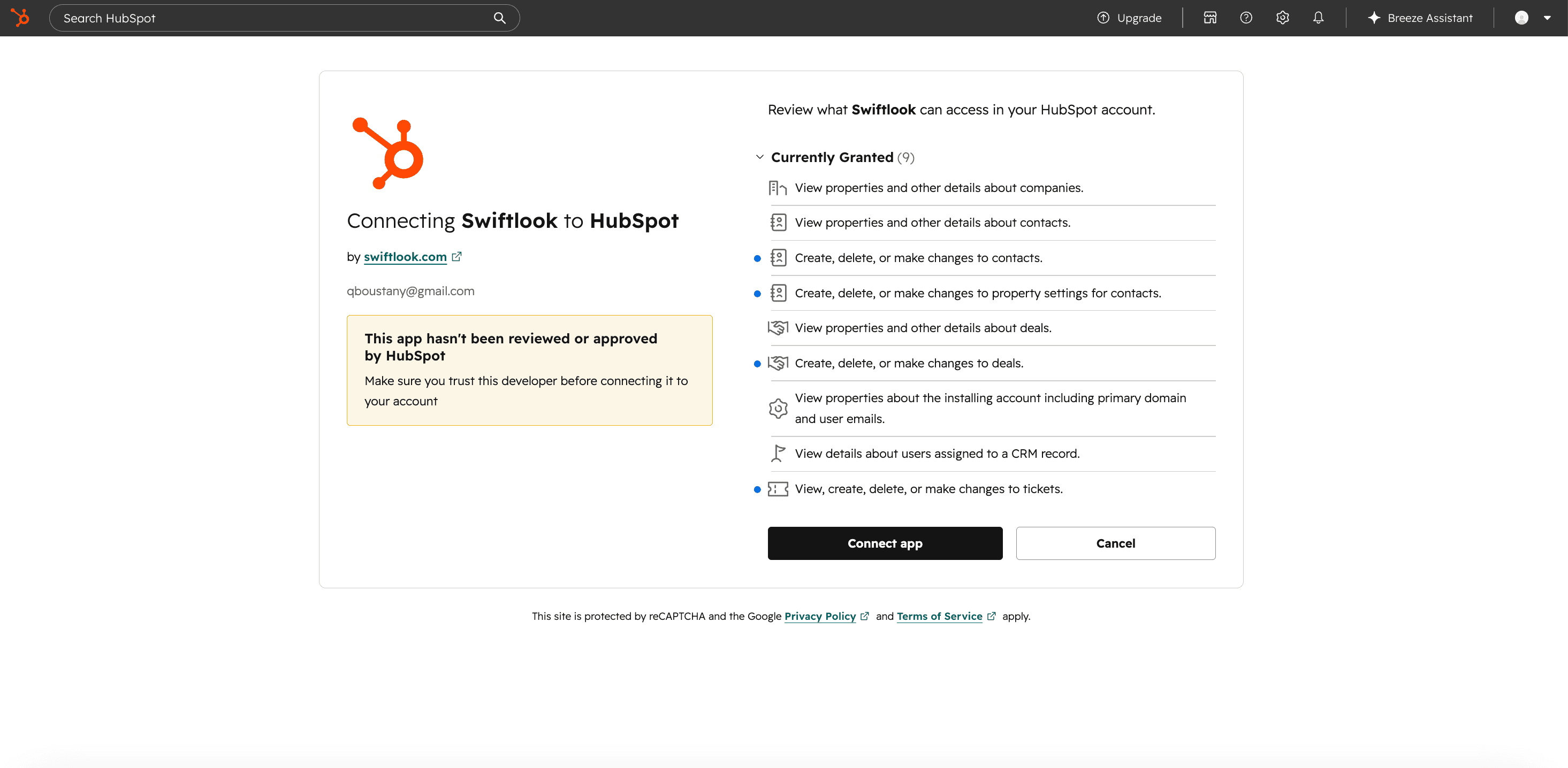 HubSpot connection permissions review screen with a Connect app button