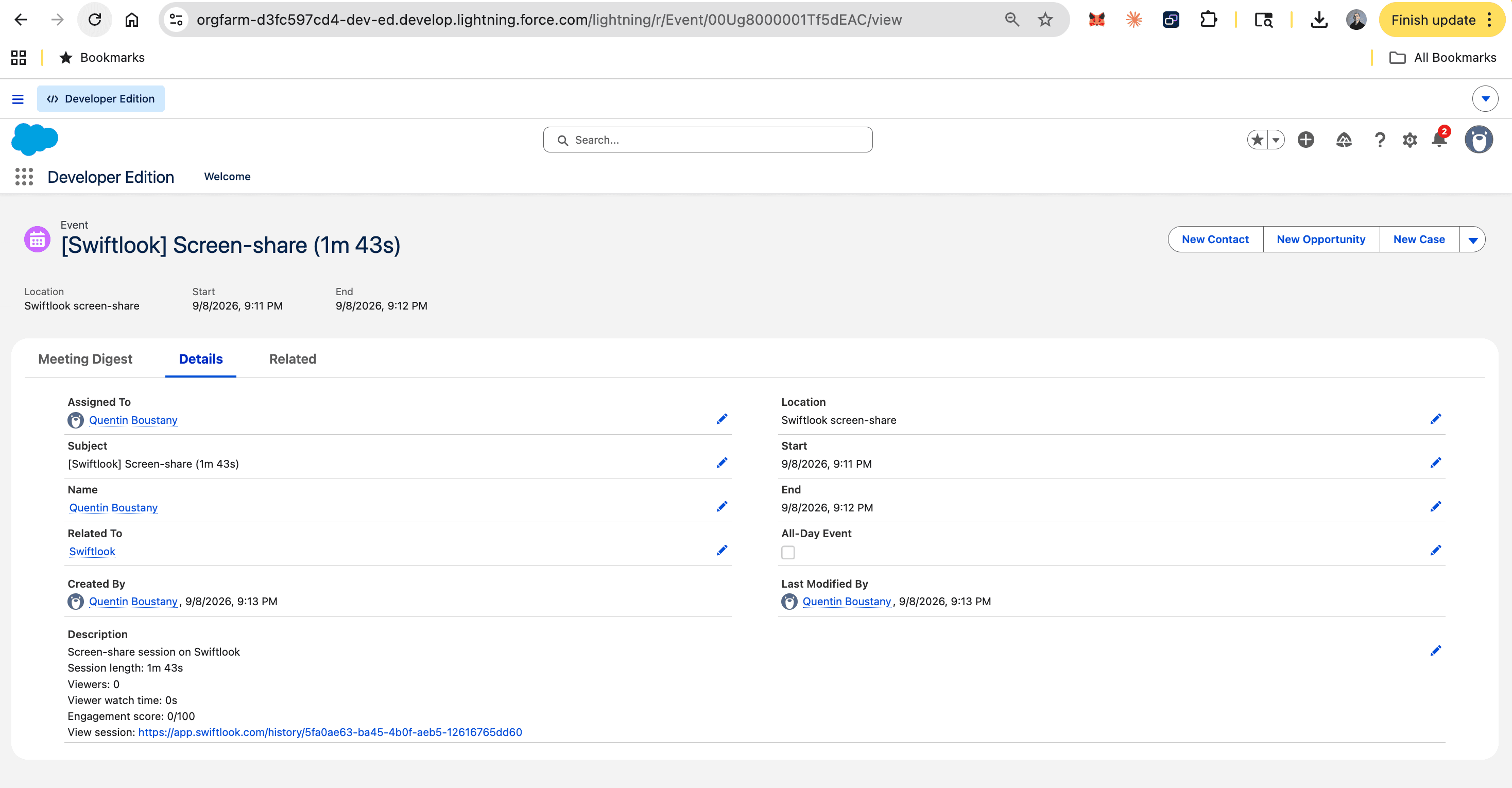 Salesforce Event detail page for a logged Swiftlook screen-share with duration and description metrics