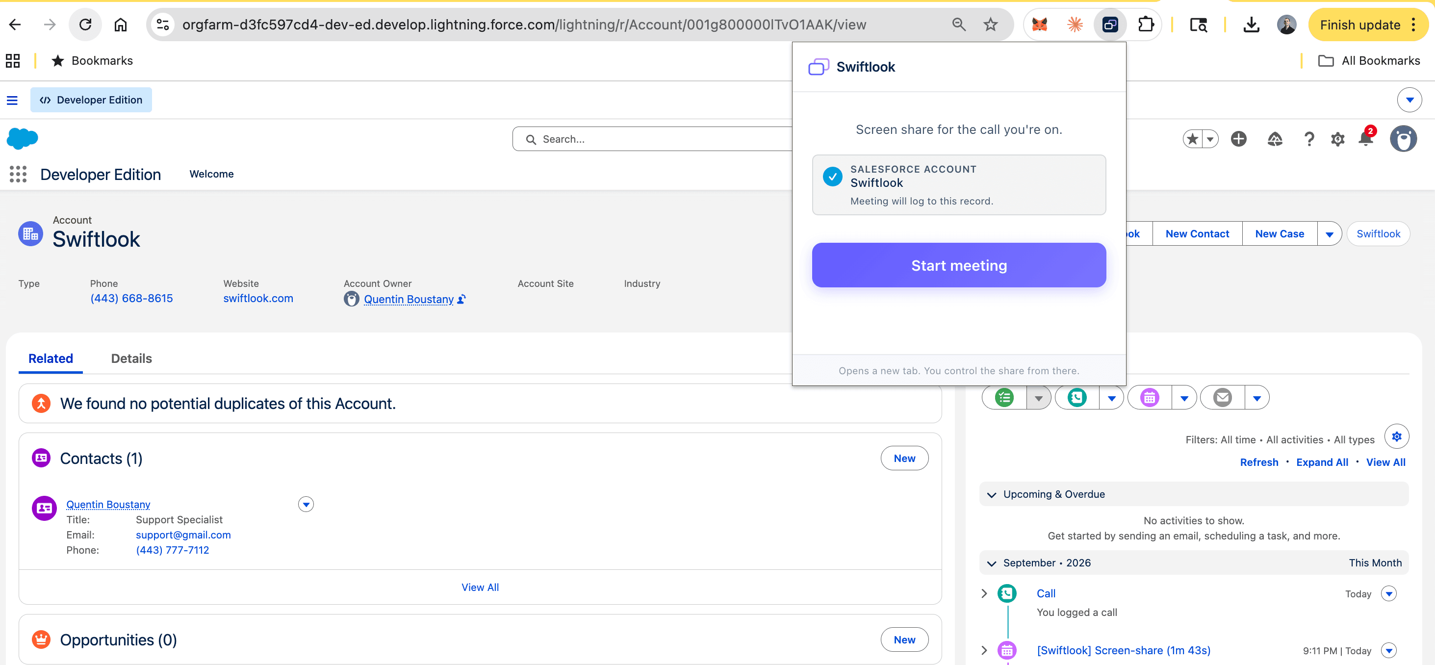 Salesforce Account record page with the Chrome extension popup detecting the record