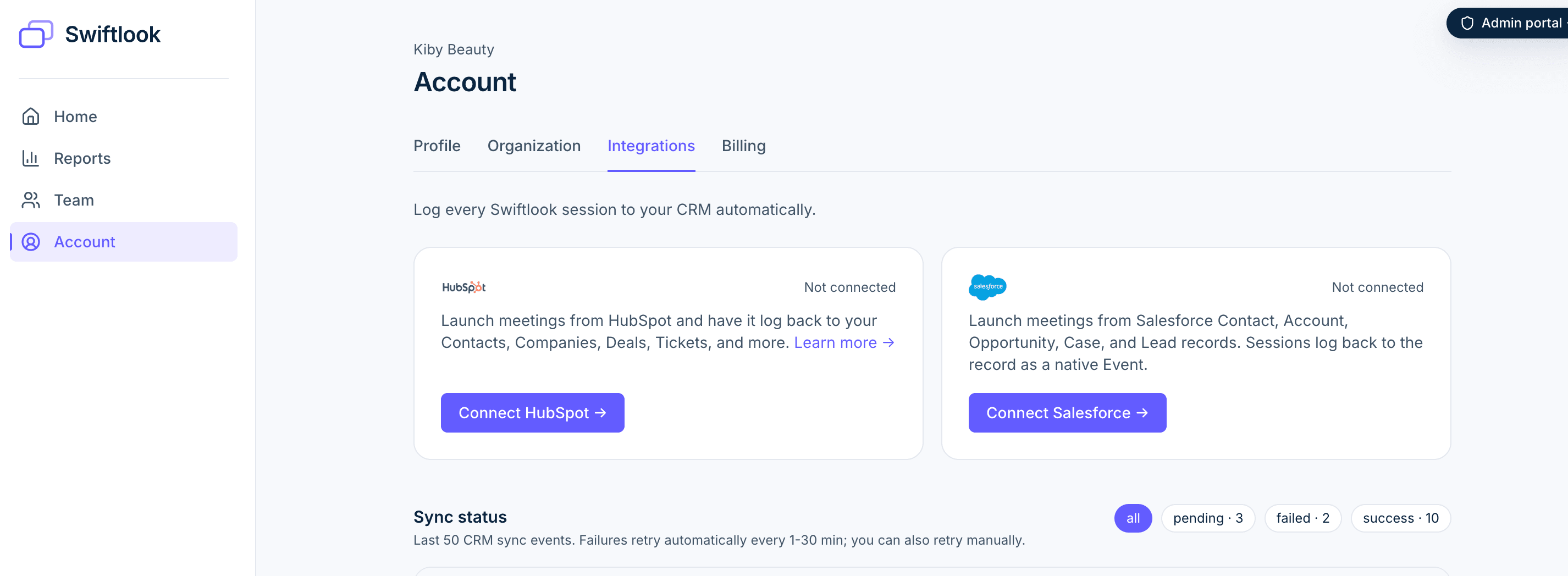 Swiftlook Account Integrations tab with the Connect Salesforce button