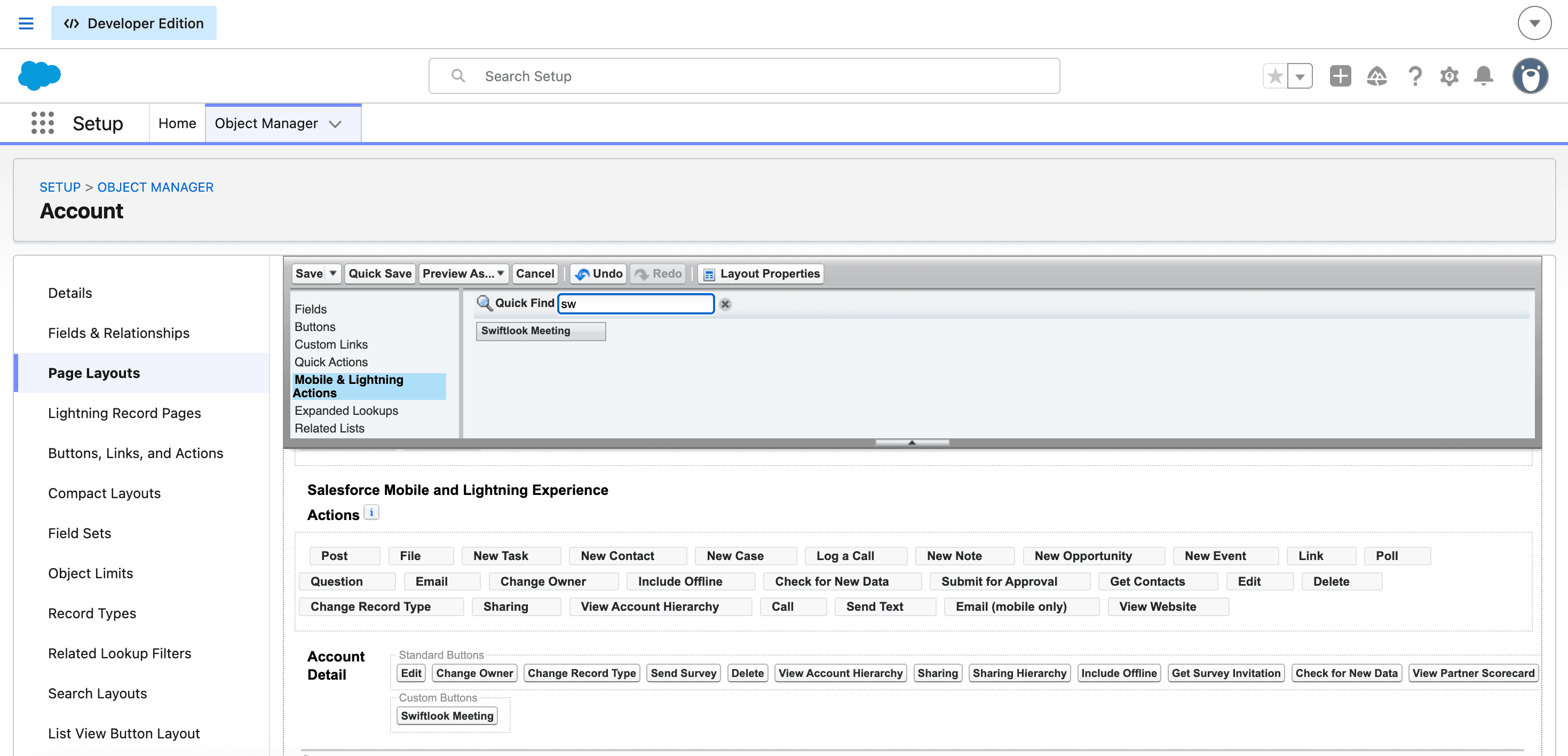 Salesforce Page Layout editor with the Swiftlook Meeting button in the Mobile and Lightning Actions palette