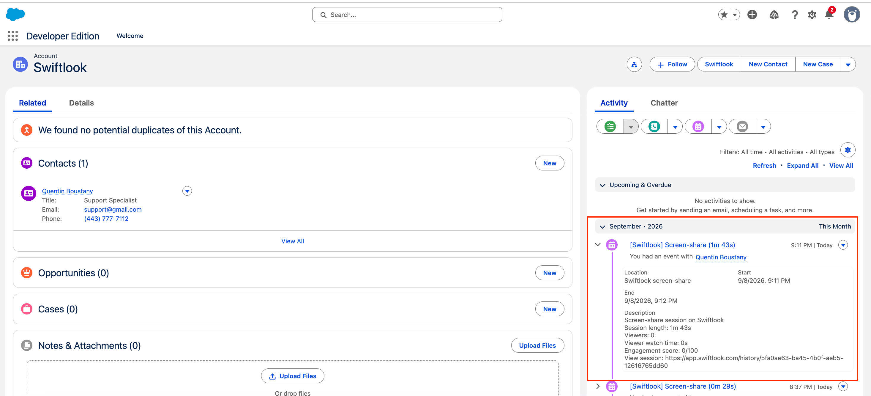 Salesforce Account record with a logged Swiftlook Event expanded on the Activity timeline, showing location, start and end, and description with session metrics